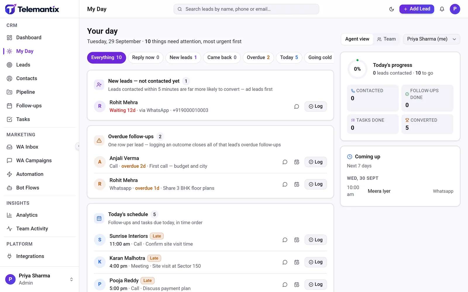 CRM for coaching institutes – Telemantix My Day screen ranking new leads, overdue follow-ups and today’s schedule