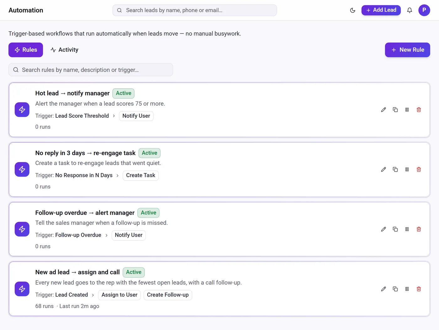 Sales automation software – Telemantix automation rules with triggers and actions