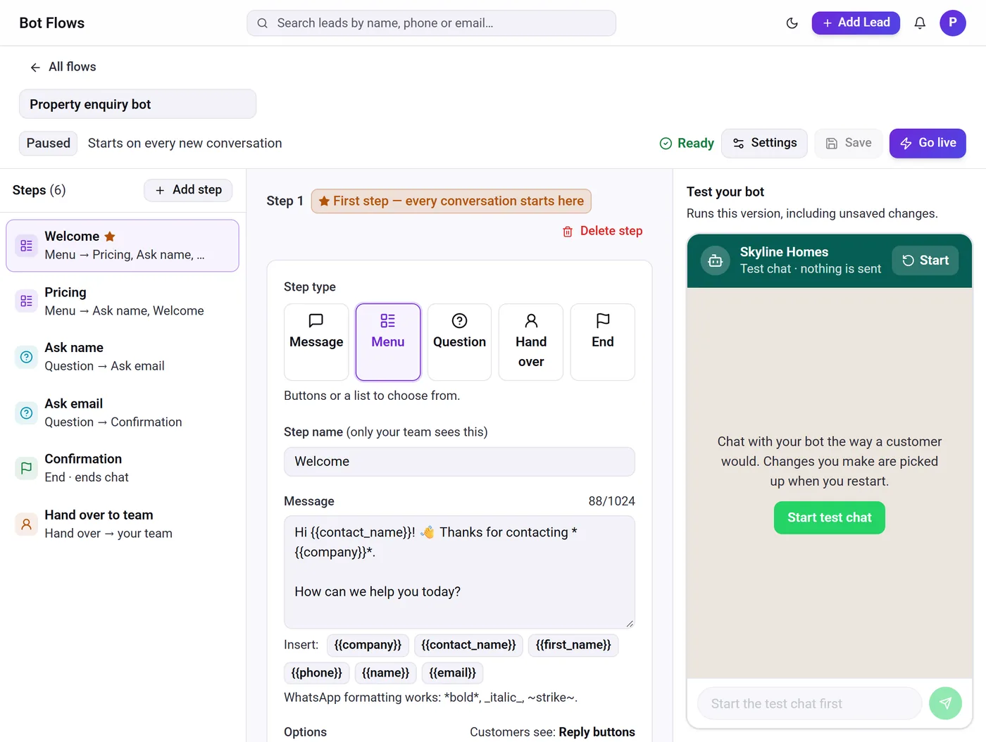 How to automate WhatsApp messages for business – Telemantix WhatsApp bot flow builder with steps and a test chat