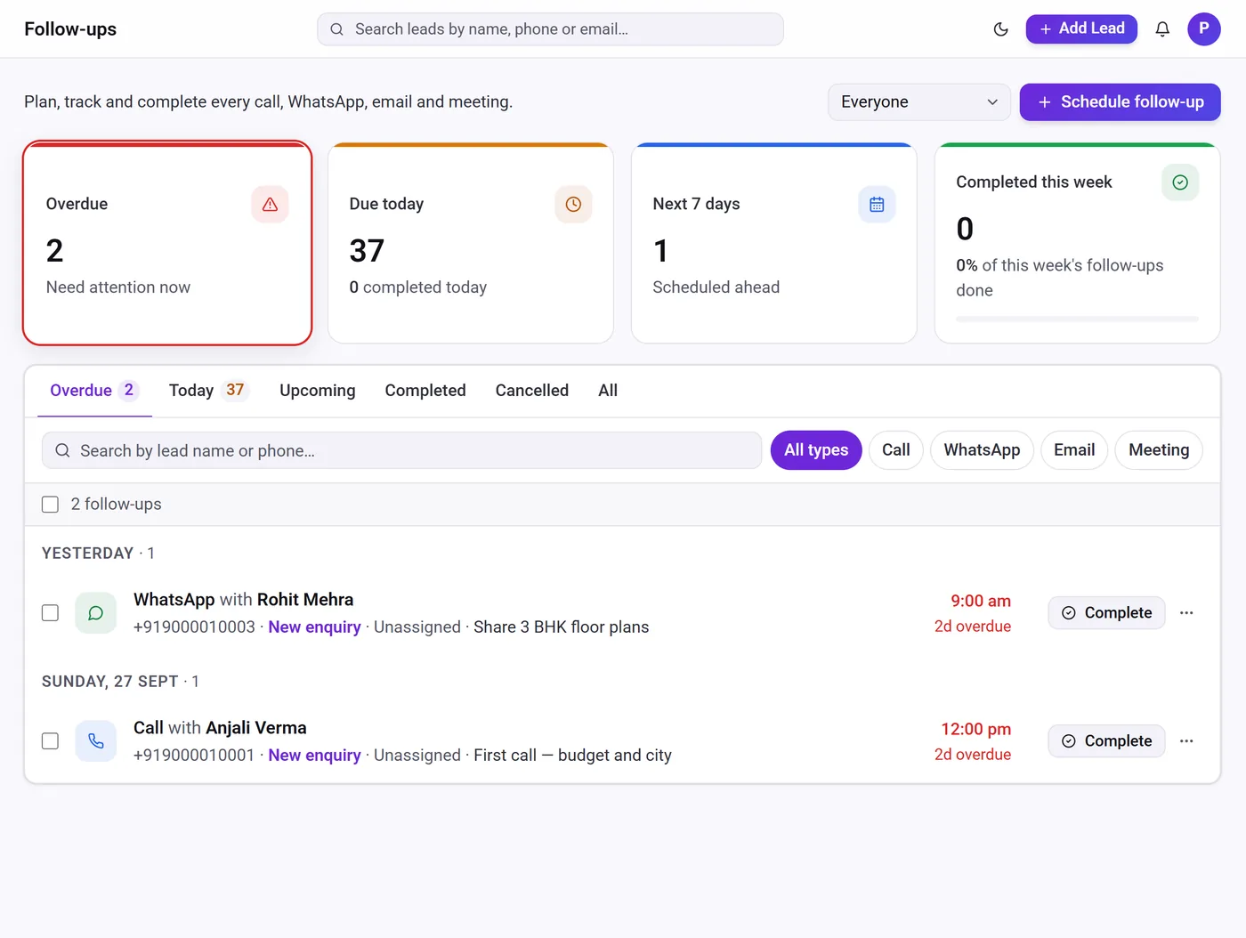 Sales automation software – Telemantix follow-ups screen with overdue, due today and upcoming tasks