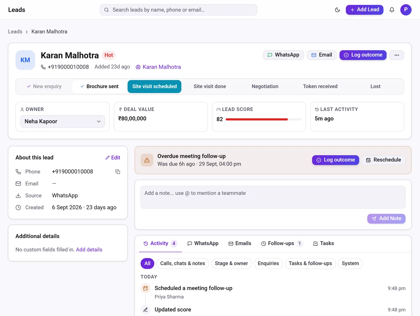 How to manage leads on WhatsApp – Telemantix lead record with stage bar, owner, deal value and activity timeline