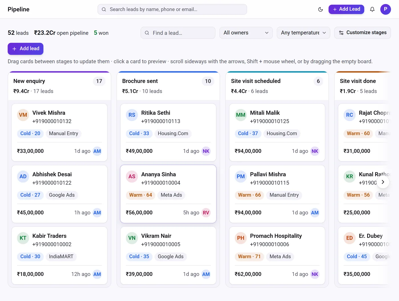 CRM for digital marketing agency – Telemantix sales pipeline board with deal values in each stage